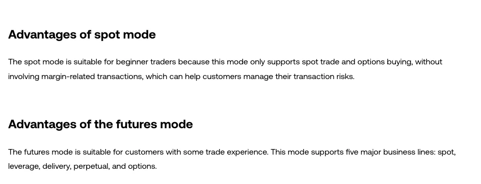OKX Help Center, Why do I use an unified account?, October 2026: Advantages of spot mode (spot trading and options buying only, no margin) and Advantages of the futures mode (five business lines: spot, leverage, delivery, perpetual and options)