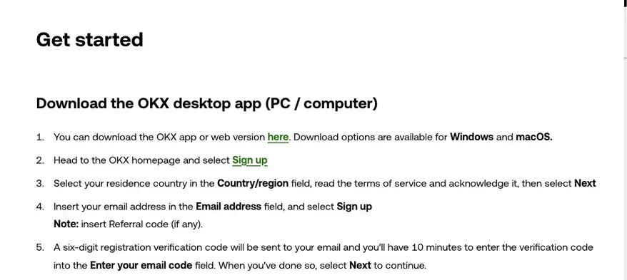 Get started section of the OKX help article, numbered steps 1 to 5 for the desktop app: download the app or web version, select Sign up, choose Country/region, enter an email address, then enter the six-digit email code