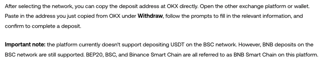 Passage from OKX's help article on selecting the correct network for crypto withdrawals and deposits: copy the deposit address at OKX and paste it under Withdraw on the other exchange platform or wallet, followed by an Important note that the platform currently doesn't support depositing USDT on the BSC network, that BNB deposits on the BSC network are still supported, and that BEP20, BSC and Binance Smart Chain are all referred to as BNB Smart Chain