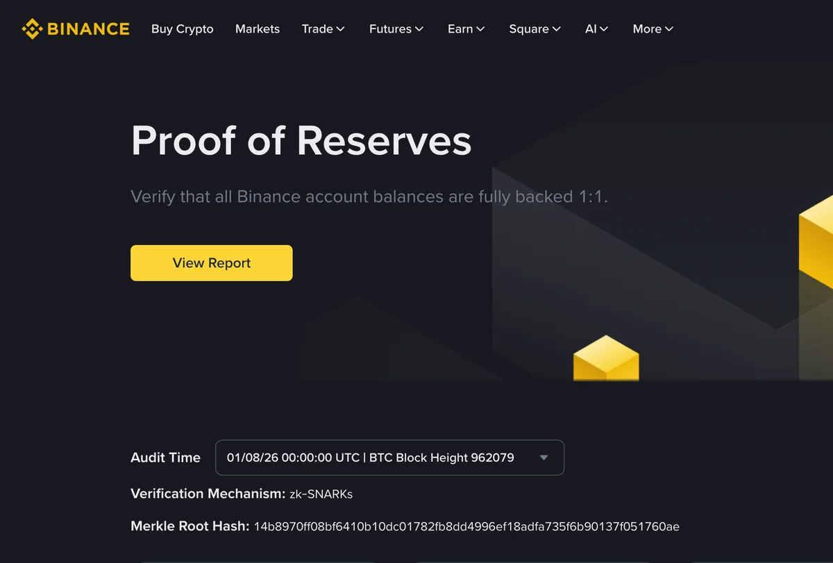 某交易所公开的储备金证明页面，可见 Audit Time 审计时点与对应的 BTC 区块高度、Verification Mechanism 显示 zk-SNARKs、以及完整的 Merkle Root Hash 哈希串